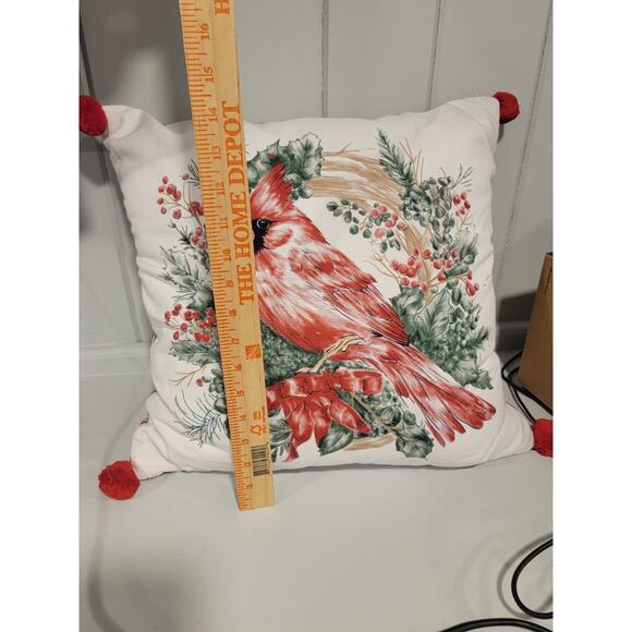 Cardinal Red Bird Decorative Throw Pillow With Pom Poms Water Color Style - Picture 4 of 5
